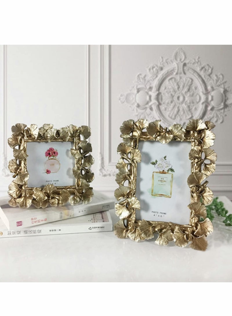 Photo Frame, Polyresin Picture Frame Gold Ginkgo Leaves for Photo Lovers Home Decoration Ornament Gifts Golden Vintage Table Top Display and Personalized Gallery Wall Hanging Home Decor (Gold)