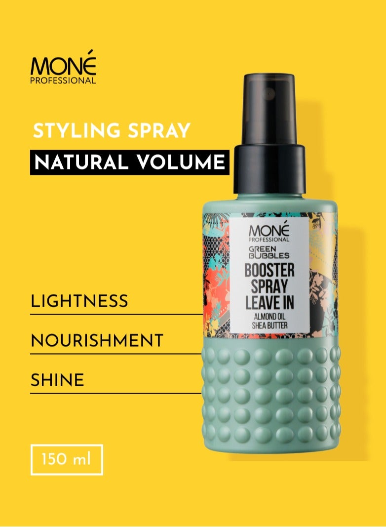 GREEN BUBBLES BOOSTER SPRAY LEAVE IN - leave-in conditioner spray for hair preparation before styling (smoothing hair cuticle, shine, density, care), with shea butter, almond oil, fruit acids, hydrolyzed plant proteins, perfumed with dark orchid notes, 150ml