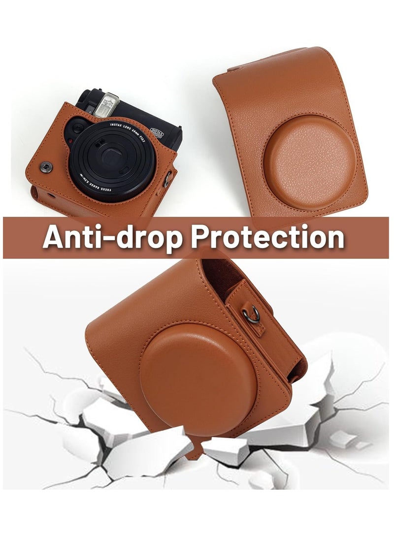 Camera Bag for Fuji Instax Mini 99 Instant Camera with Adjustable Shoulder Strap, Photo Frame, and Cartoon Stickers (Brown)