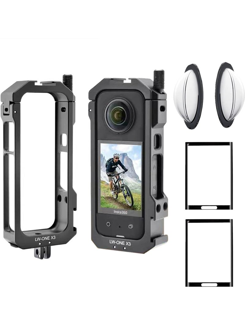 Aluminum Frame Cage with Sticky Lens Guard Set and Screen Protector for Insta360 X3 - Anti-Scratch Metal Housing Shell and Tempered Glass Protective Film Accessories Kit.