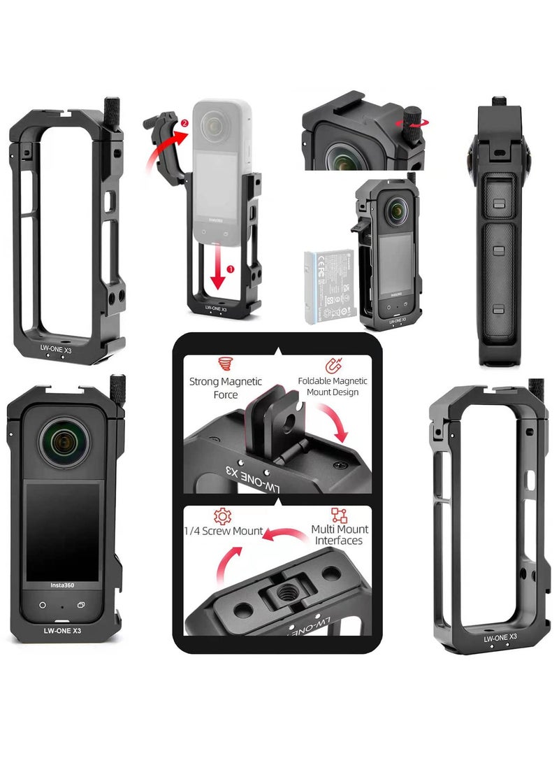 Aluminum Frame Cage with Sticky Lens Guard Set and Screen Protector for Insta360 X3 - Anti-Scratch Metal Housing Shell and Tempered Glass Protective Film Accessories Kit.