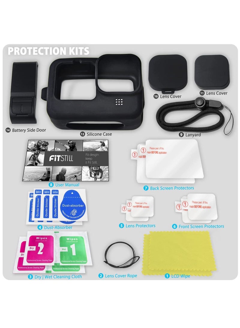 Silicone Sleeve Case for GoPro Hero 11/10/9, Complete Accessories Kit with Battery Side Cover, Screen Protectors, Lens Caps, and Lanyard for Enhanced Protection and Convenience.