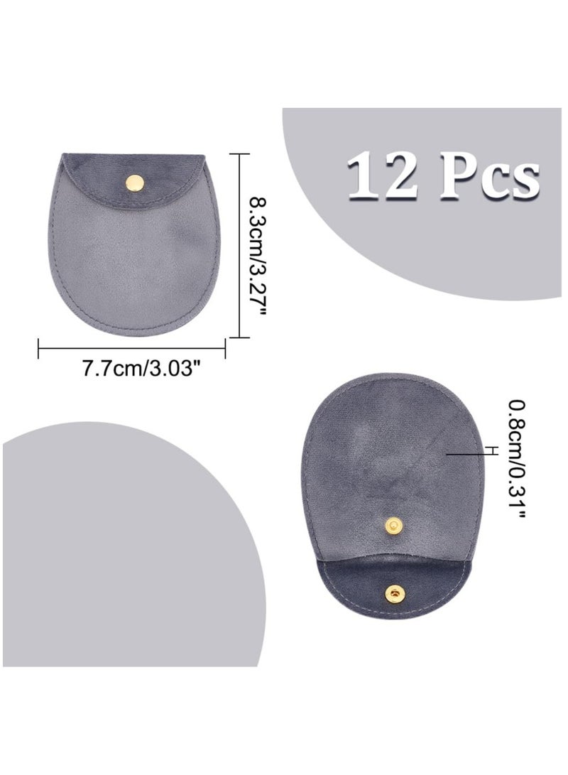 12-Pack Gray Velvet Jewelry Pouches, 8.3x7.7x0.8cm with Golden Snap Fastener, Ideal for Jewelry Storage, Wedding Favors, and Party Gift Packaging.