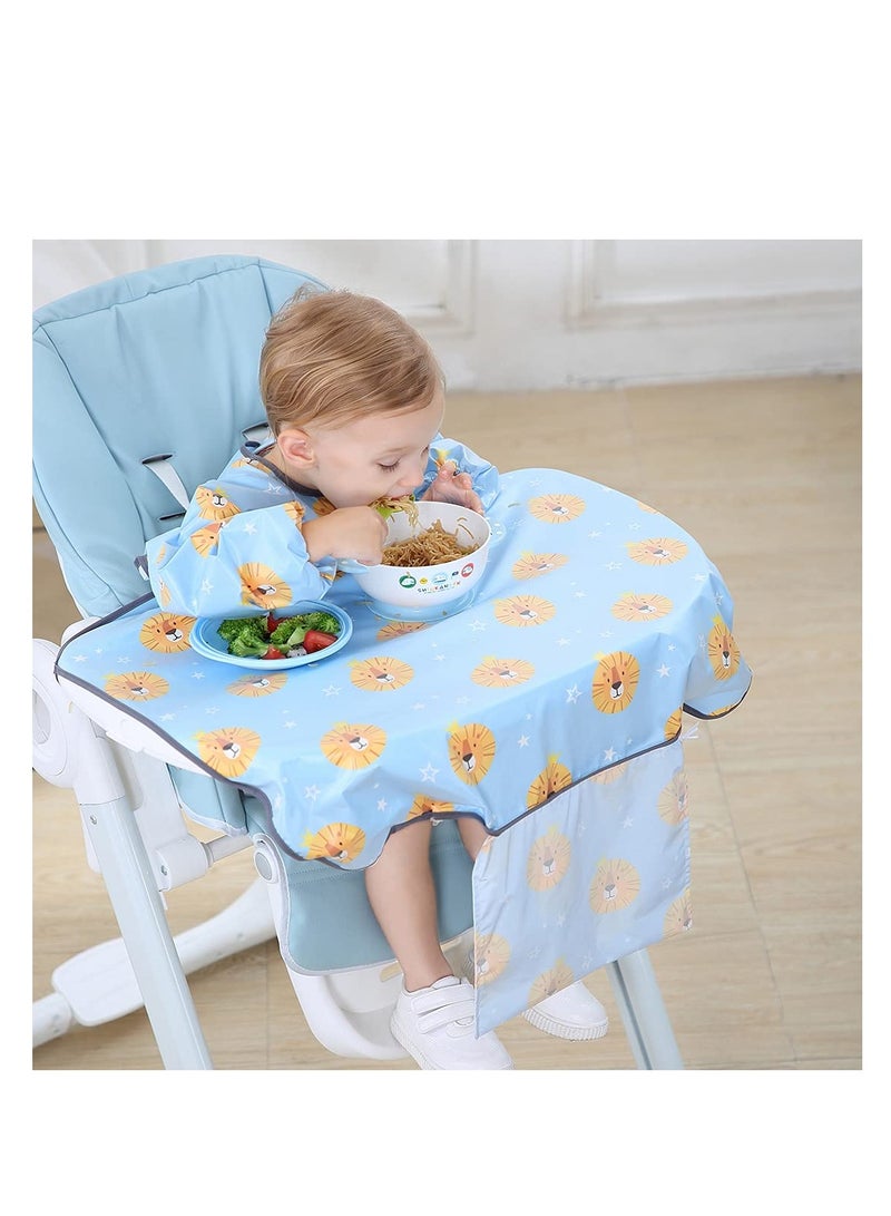 Waterproof Baby Weaning Bib, Anti-Dirty Feeding Bib for Babies, High Chair Shirt Bib for Weaning Supplies (Blue Lion Design)