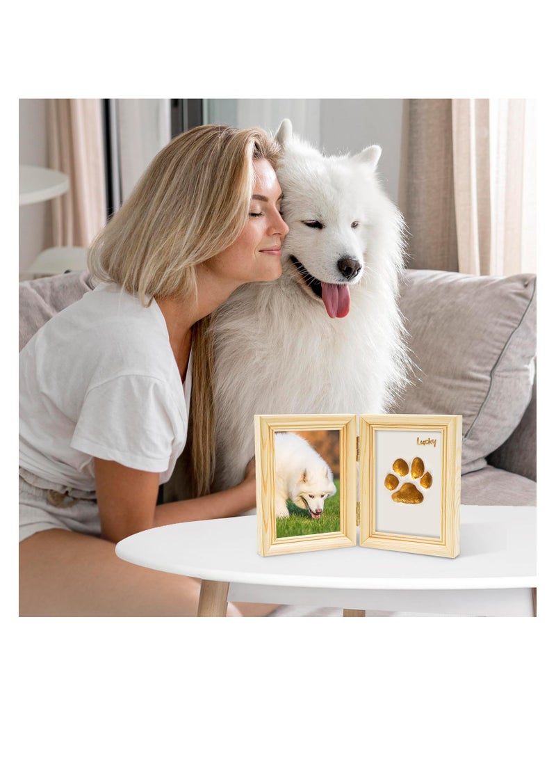 Pet Paw Print Kit with Picture Frame and Imprint Clay, Keepsake for Dogs and Cats, Memorial Display for Pets, Double-Hinged Photo Frame, Soft Moulding Clay, Natural Material.