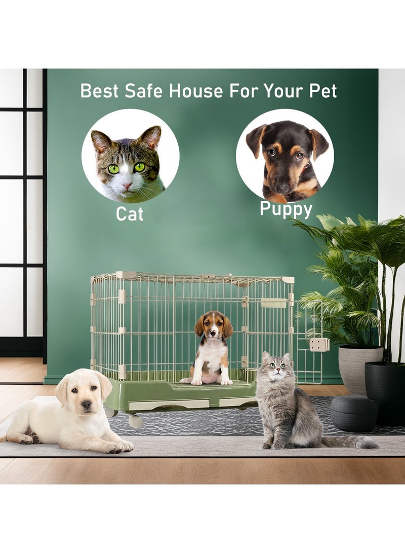 Pet cage with wheels, Dog and cat playpen with double door and drawer tray, Pet cage for medium pet, Green pet crate, 75 cm Indoor cat cage.