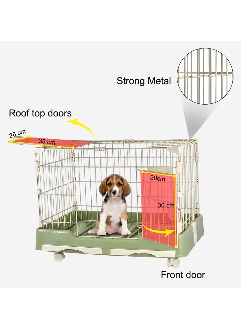 Pet cage with wheels, Dog and cat playpen with double door and drawer tray, Pet cage for medium pet, Green pet crate, 75 cm Indoor cat cage.