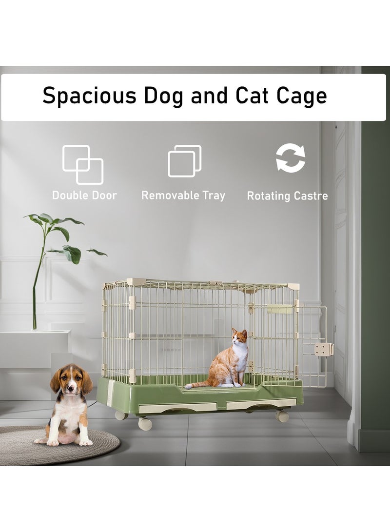 Pet cage with wheels, Dog and cat playpen with double door and drawer tray, Pet cage for medium pet, Green pet crate, 75 cm Indoor cat cage.