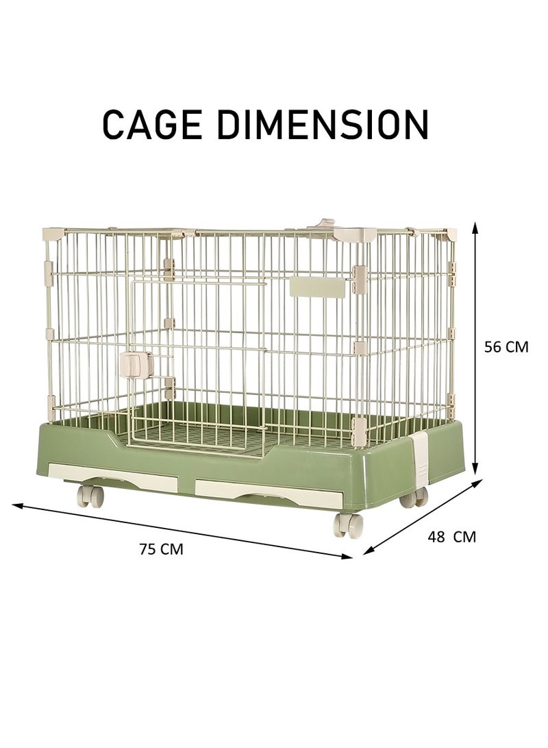 Pet cage with wheels, Dog and cat playpen with double door and drawer tray, Pet cage for medium pet, Green pet crate, 75 cm Indoor cat cage.