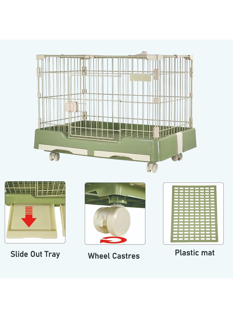 Pet cage with wheels, Dog and cat playpen with double door and drawer tray, Pet cage for medium pet, Green pet crate, 75 cm Indoor cat cage.