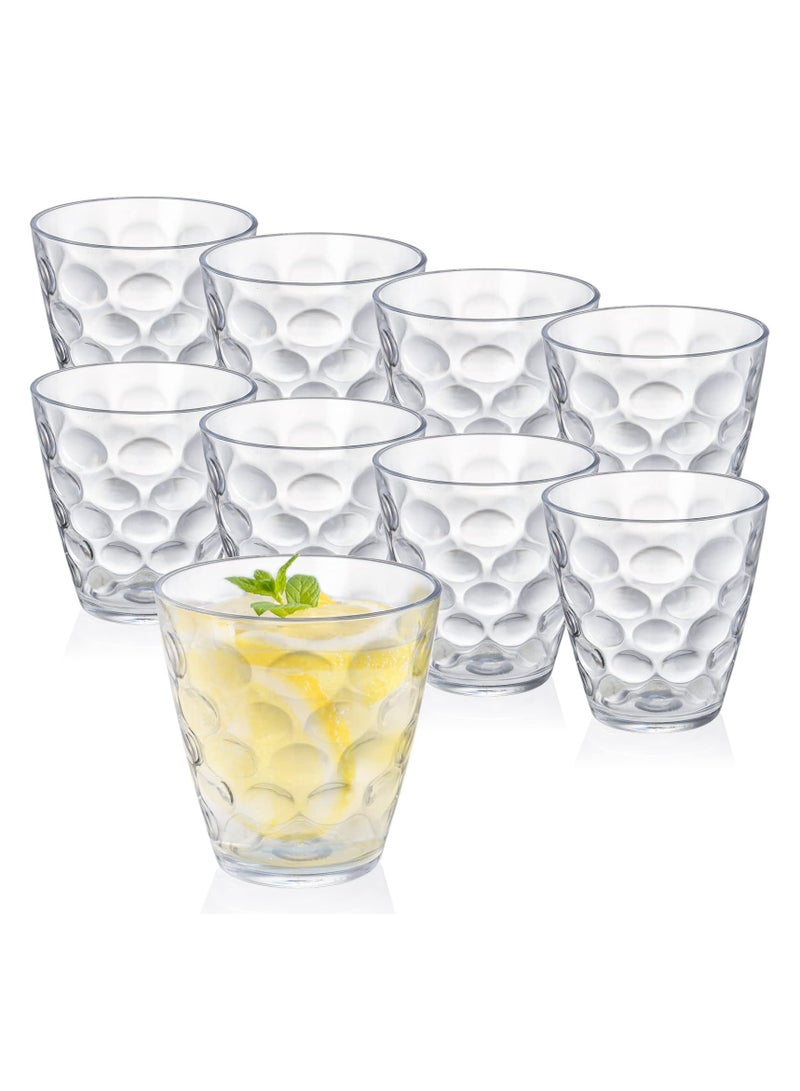 Set of 9 Unbreakable 9.5 oz Plastic Tumblers, Clear, Reusable, BPA-Free, Stackable and Dishwasher Safe Drinking Glasses for Juice and Beverages