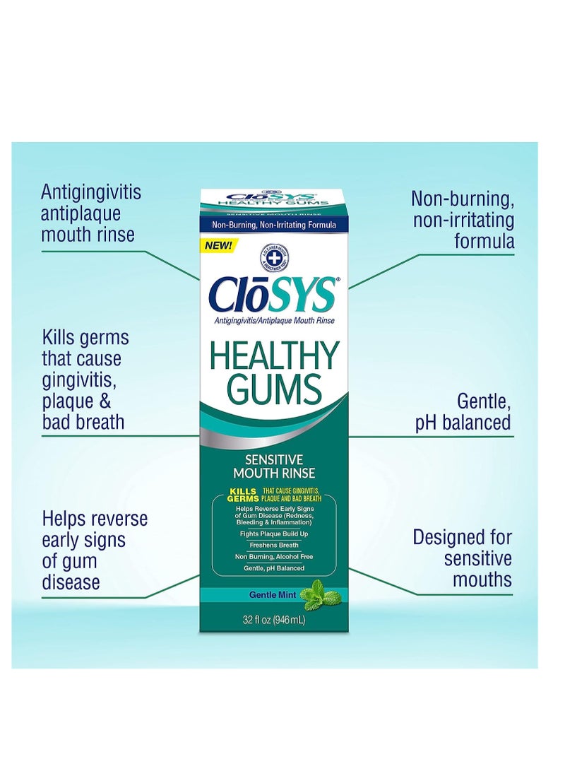 Closys Healthy Gums Mouthwash, Antiplaque and Anti-gingivitis for Gum Health, Non-Burning, Non-Irritating – 32 Fl Oz