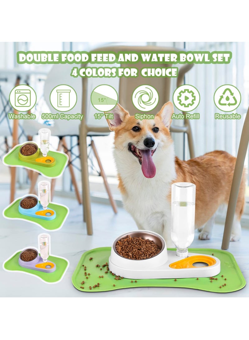 Pet Feeder and Waterer, Detachable Pet Water and Food Bowl Set with Automatic Water Dispenser Bottle and Waterproof Feeding Mat for Small Dogs Cats (Green)