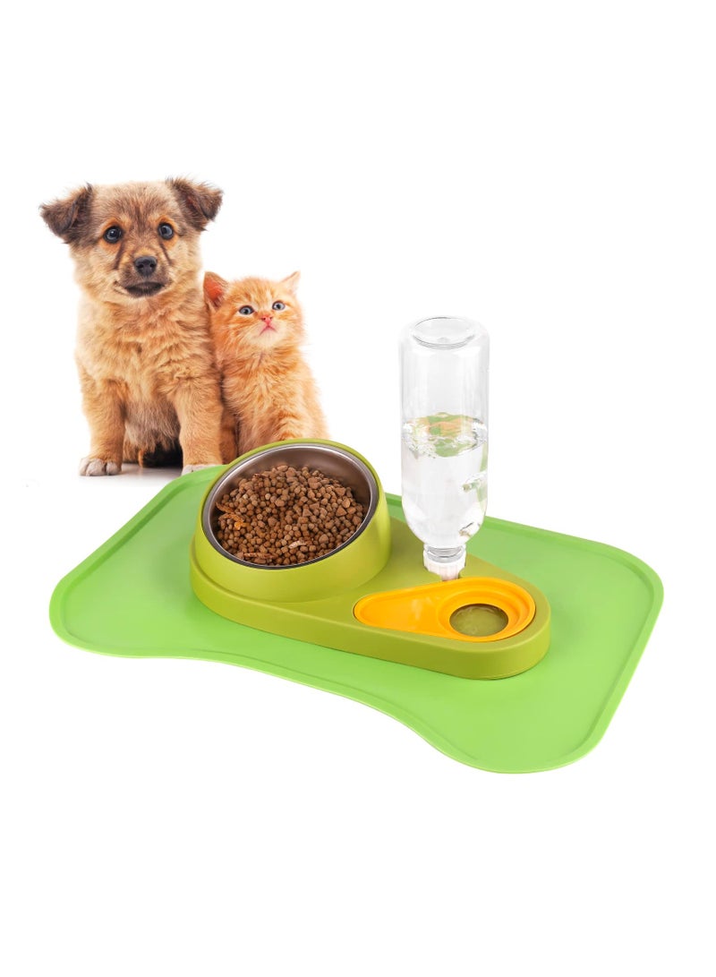 Pet Feeder and Waterer, Detachable Pet Water and Food Bowl Set with Automatic Water Dispenser Bottle and Waterproof Feeding Mat for Small Dogs Cats (Green)