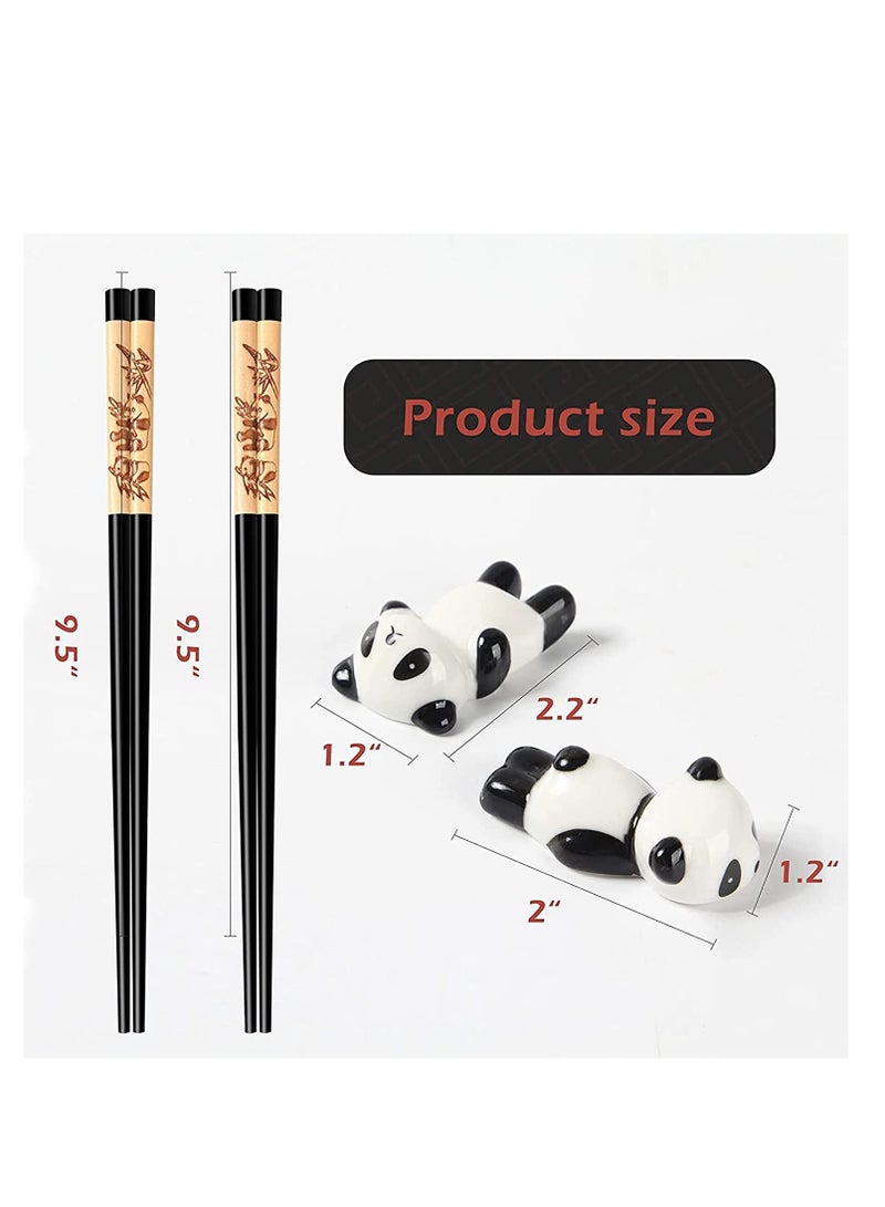 Chopsticks and Chopsticks Panda Holder,2 Pairs Reusable Chopsticks with Delicate box, Washable and Dishwasher Safe, Natural Wooden Chinese Japanese Korean Classic Stylish Easy To Use Non-Slip