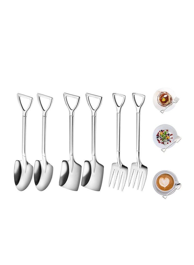 6 Pcs Stainless Steel Coffee Latte Spoon, Shovel Spoon and Fork Set Ice Cream Spoon Dessert Tea Sugar Fruit Fork for Party, Long Handle Coffee Creative Fruit Fork for Party and Kitchen 6 Inch