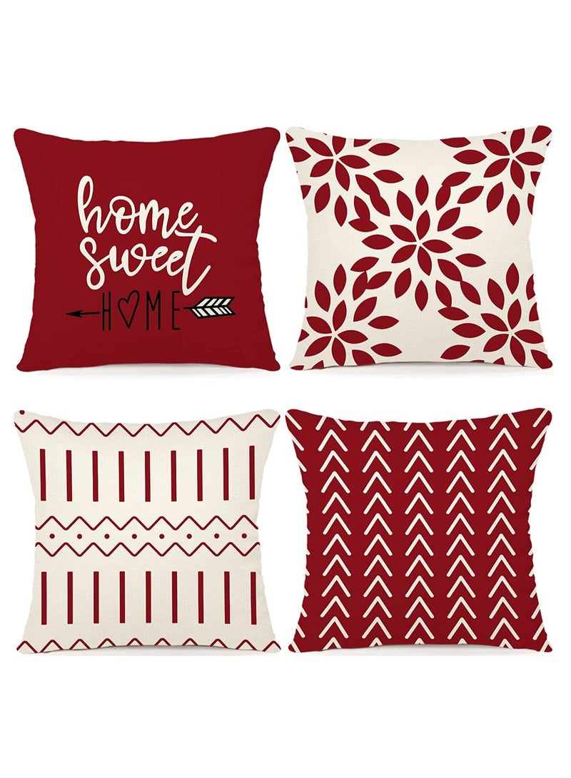 Pillow Covers Modern Sofa Throw Pillow Cover, Decorative Outdoor Linen Fabric Pillow Case for Couch Bed Car Home Sofa Couch Decoration (Red, 18x18, Set of 4)