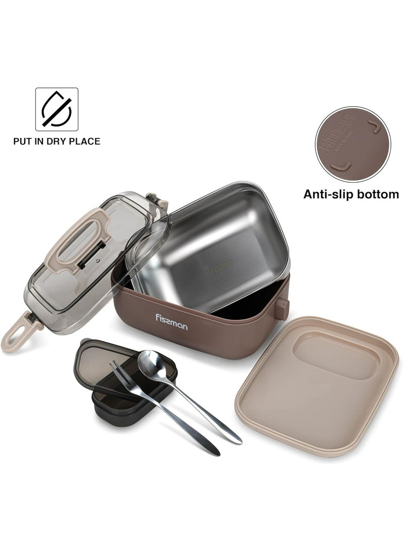 Single Deck Lunch Box 1000ml with Stainless Steel Compartment, Sauce Cup Spoon and Fork Microwave And Dishwasher Safe