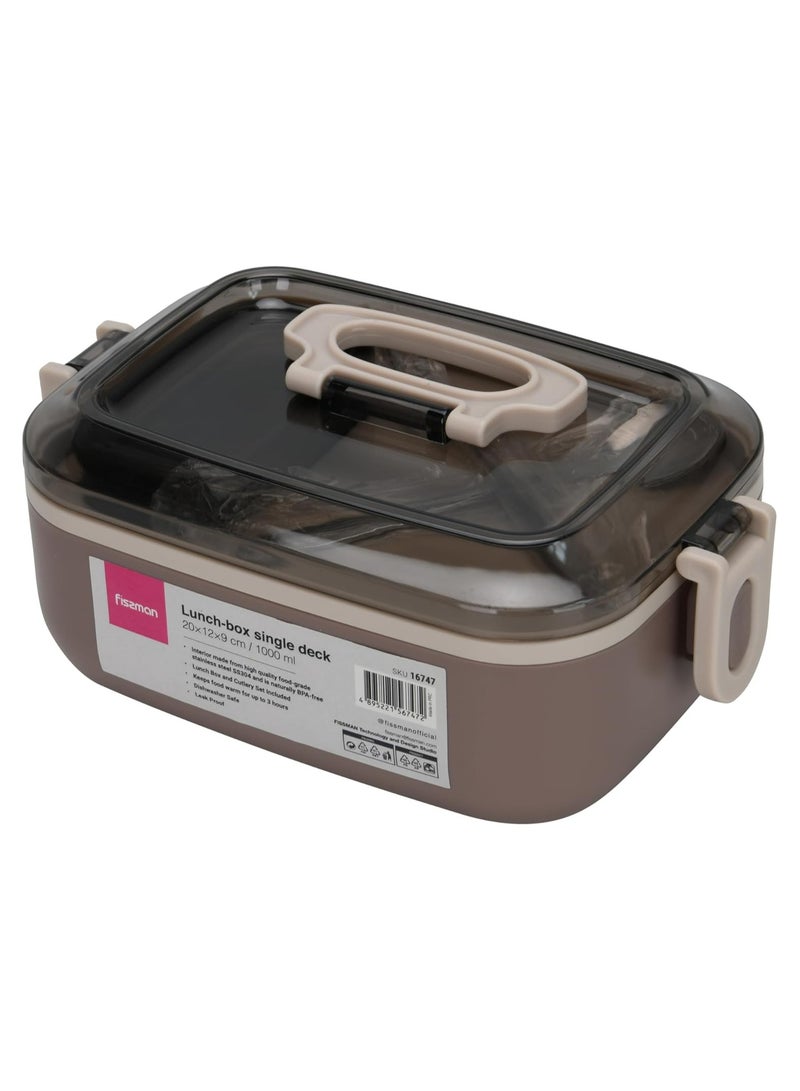 Single Deck Lunch Box 1000ml with Stainless Steel Compartment, Sauce Cup Spoon and Fork Microwave And Dishwasher Safe