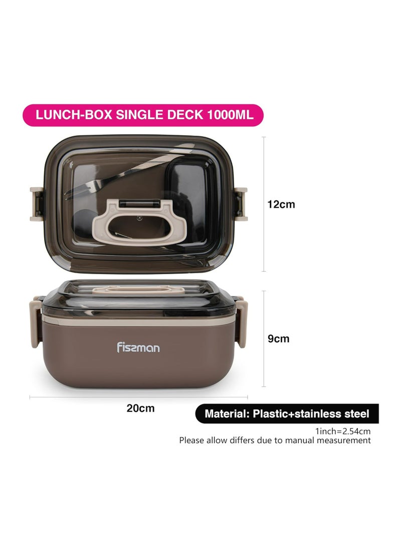 Single Deck Lunch Box 1000ml with Stainless Steel Compartment, Sauce Cup Spoon and Fork Microwave And Dishwasher Safe