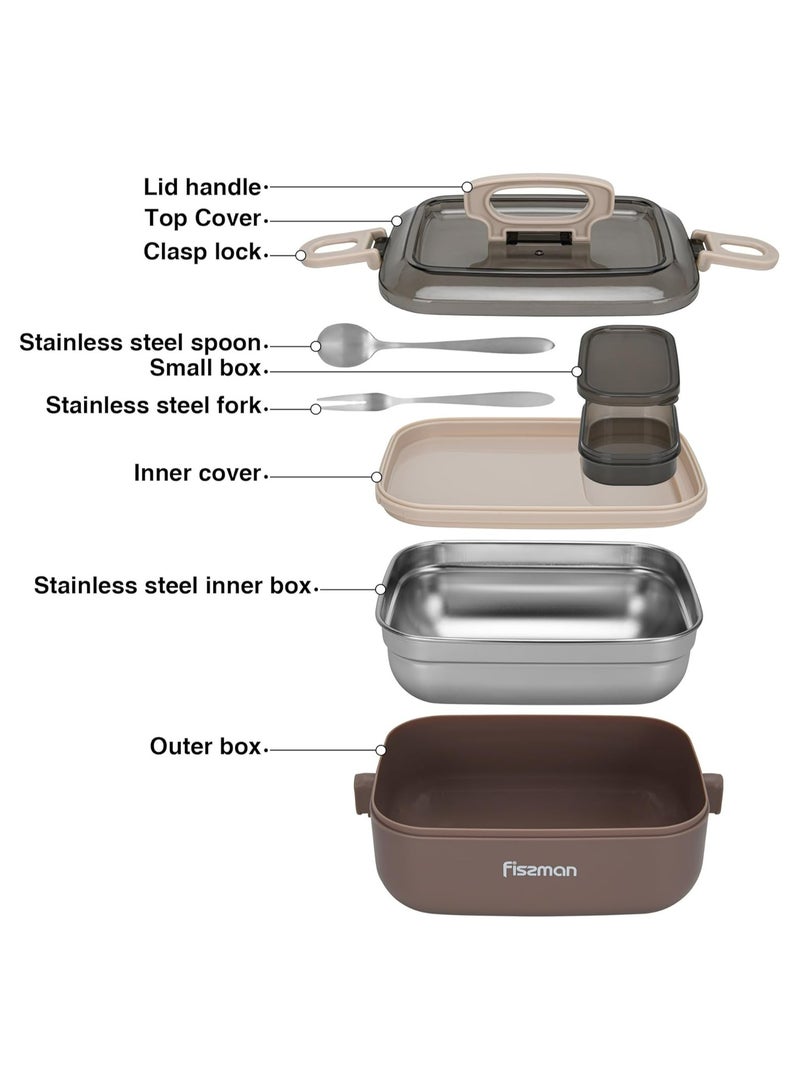 Single Deck Lunch Box 1000ml with Stainless Steel Compartment, Sauce Cup Spoon and Fork Microwave And Dishwasher Safe