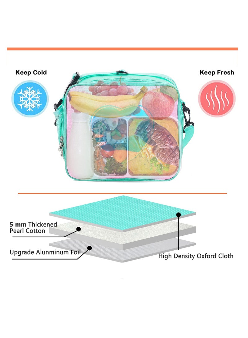 Children's Lunch Box, Rainbow Laser Tote Leakproof Insulated Lunch Bag Reusable Insulated Bento Bag Picnic Ice Bag Girls Simple Shoulder Bag for School and Outdoor Backpack (Green)