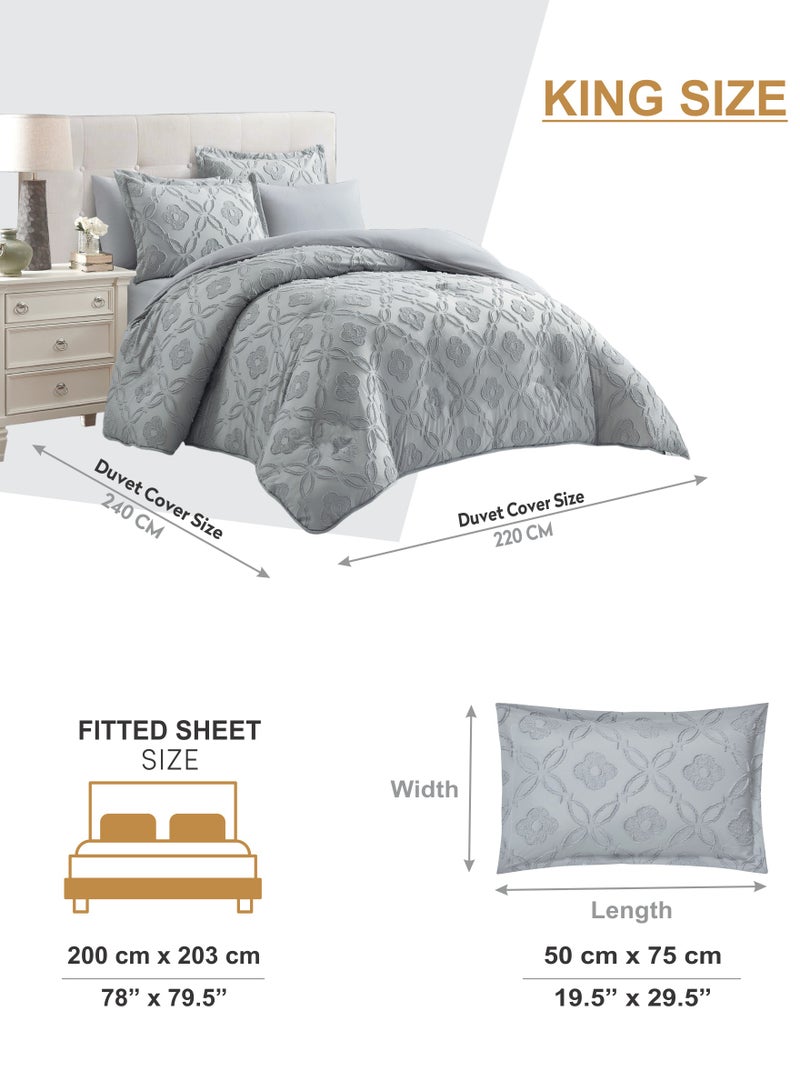 Duvet Set 6-Pcs King Size Emroidered Tufted Microfiber Bed Set Fits(200x200 CM) With Duvet Cover Fitted Sheet PillowSham And Pillowcases(Without Filler),Grey