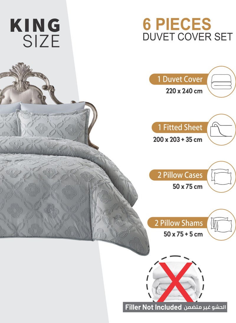 Duvet Set 6-Pcs King Size Emroidered Tufted Microfiber Bed Set Fits(200x200 CM) With Duvet Cover Fitted Sheet PillowSham And Pillowcases(Without Filler),Grey