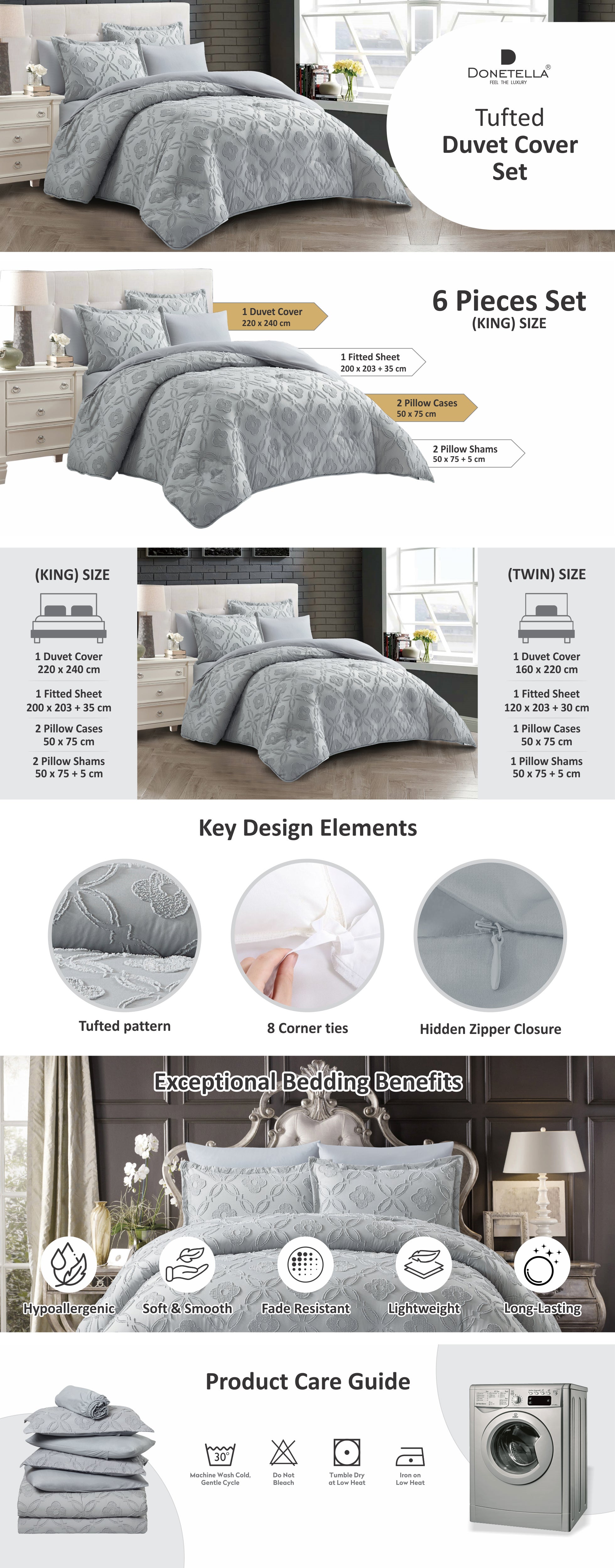 Duvet Set 6-Pcs King Size Emroidered Tufted Microfiber Bed Set Fits(200x200 CM) With Duvet Cover Fitted Sheet PillowSham And Pillowcases(Without Filler),Grey