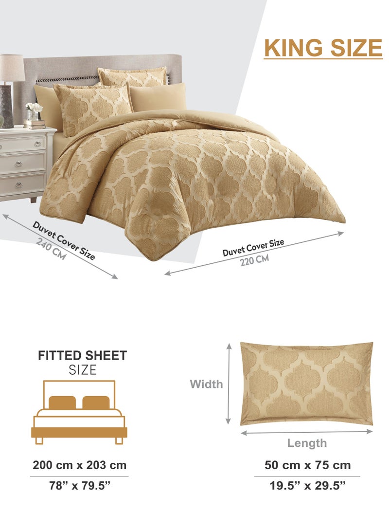 Duvet Set 6-Pcs King Size Emroidered Tufted Microfiber Bed Set Fits(200x200 CM) With Duvet Cover Fitted Sheet PillowSham And Pillowcases(Without Filler),Dark Beige