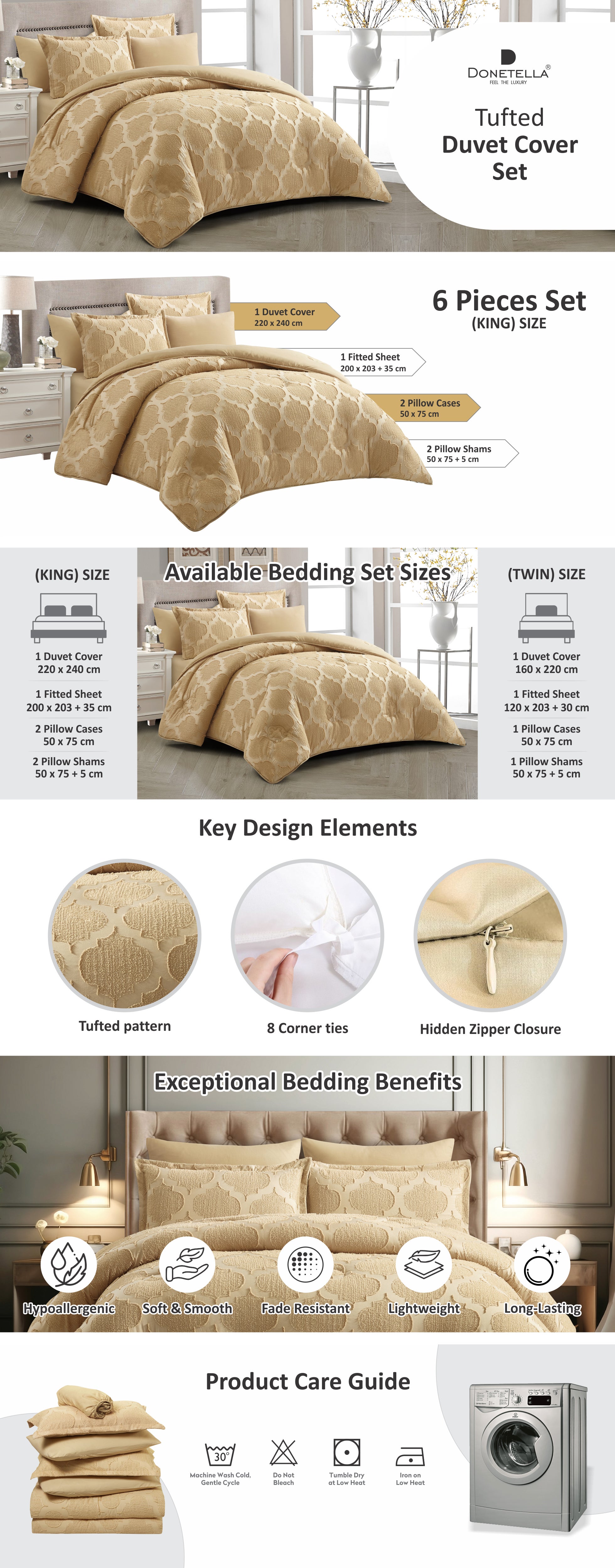 Duvet Set 6-Pcs King Size Emroidered Tufted Microfiber Bed Set Fits(200x200 CM) With Duvet Cover Fitted Sheet PillowSham And Pillowcases(Without Filler),Dark Beige