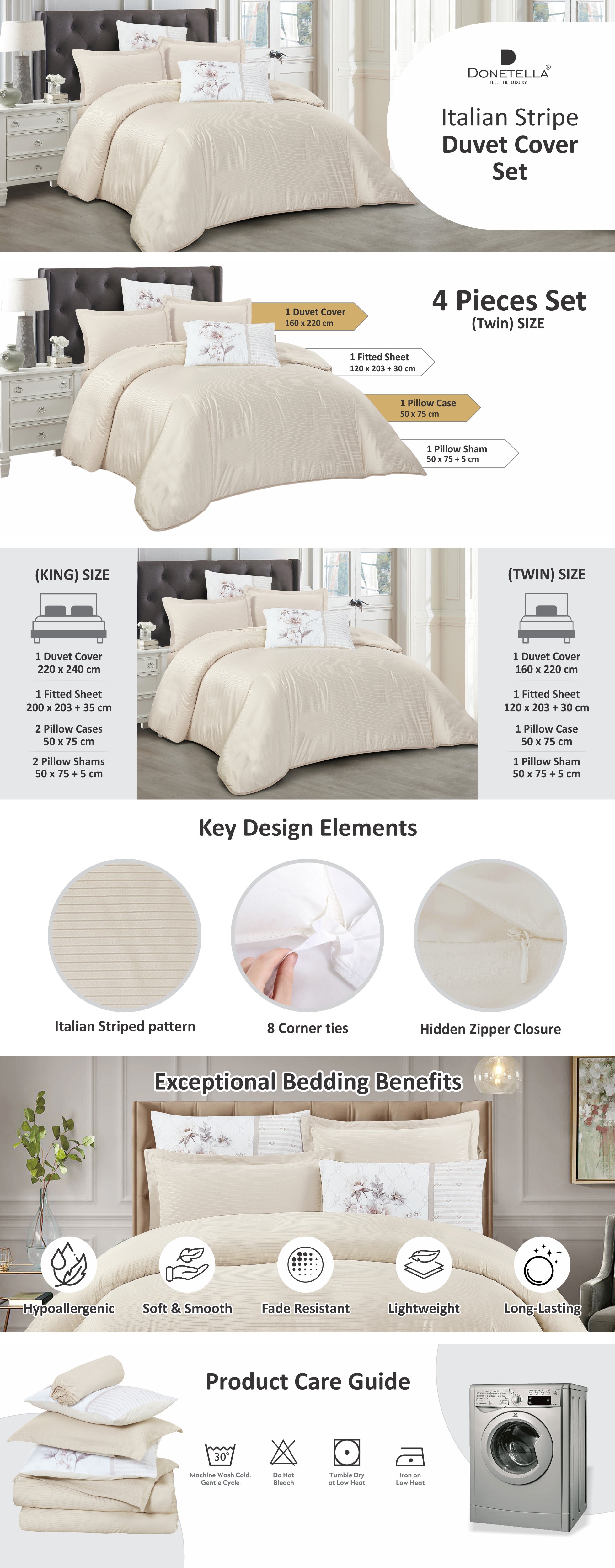 Duvet Set 4-Pcs Single Size Striped Microfiber Bed Set  With 1 Duvet Cover(160 x 220 CM) 1 Fitted Sheet 1 PillowSham And 1 Pillowcases(Without Filler),Linen