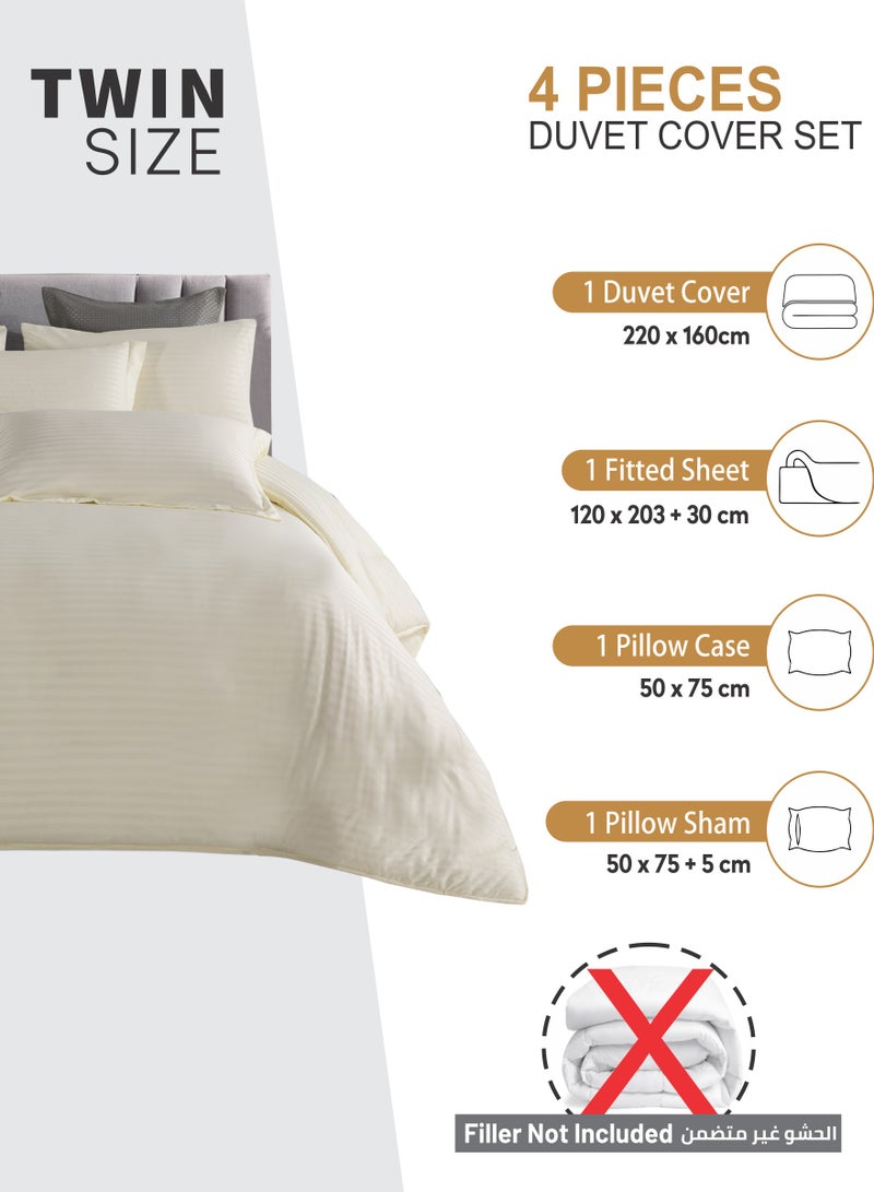 Duvet Set 4-Pcs Single Size Striped Microfiber Bed Set Fits(100x200 CM) With Duvet Cover Fitted Sheet Pillow Sham And Pillowcases(Without Filler),Ivory