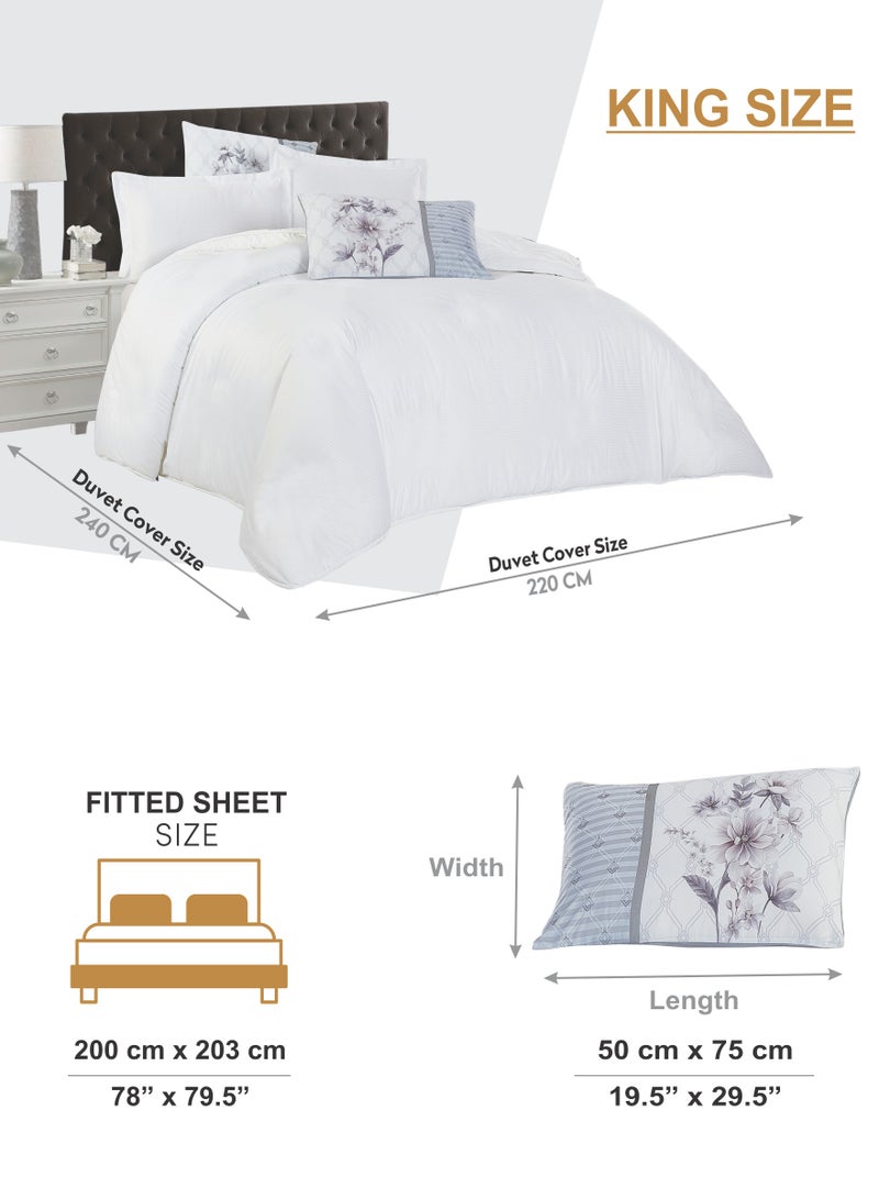 Duvet Set 6-Pcs King Size Striped Microfiber Bed Set Fits(200x200 CM) With Duvet Cover Fitted Sheet PillowSham And Digital Printed Pillowcases(Without Filler),White