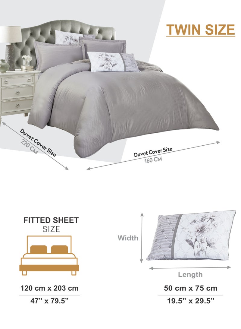 Duvet Set 4-Pcs Single Size Striped Microfiber Bed Set Fits(100x200 CM) With Duvet Cover Fitted Sheet Pillow Sham And Pillowcases(Without Filler),Silver Grey