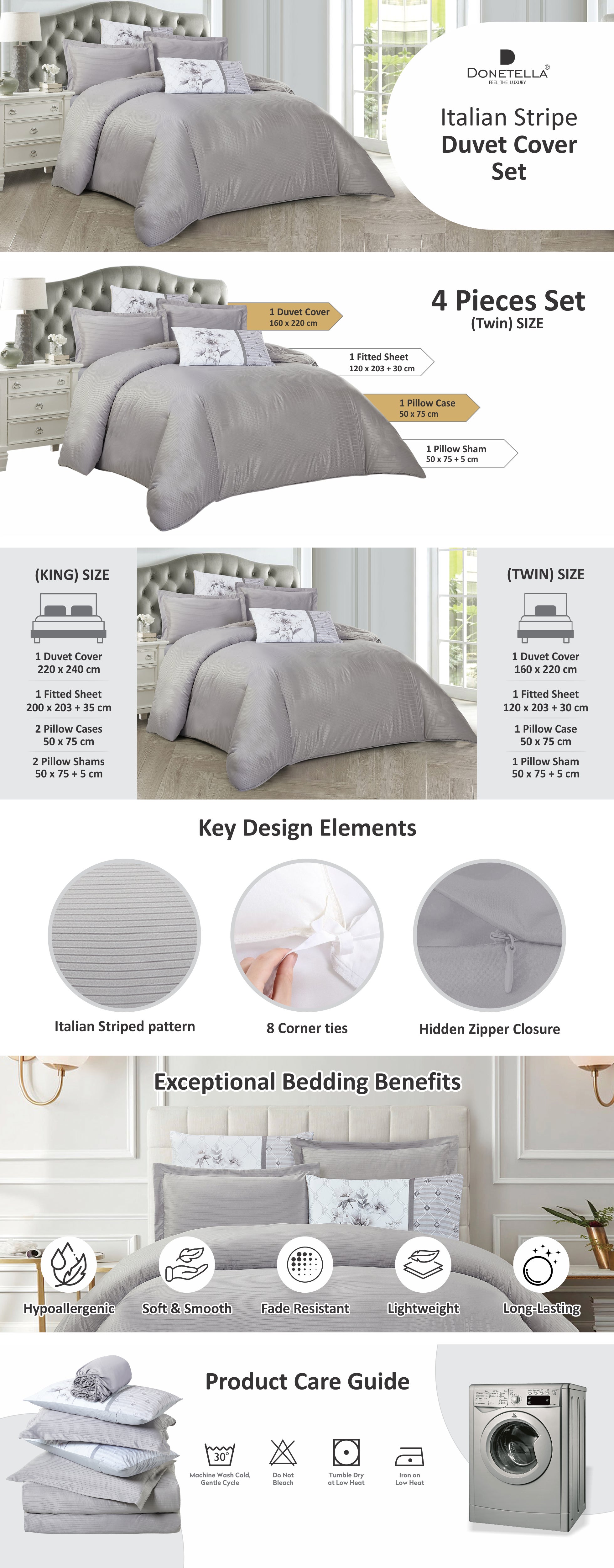 Duvet Set 4-Pcs Single Size Striped Microfiber Bed Set  With 1 Duvet Cover(160 x 220 CM) 1 Fitted Sheet 1 PillowSham And 1 Pillowcases(Without Filler),Silver Grey
