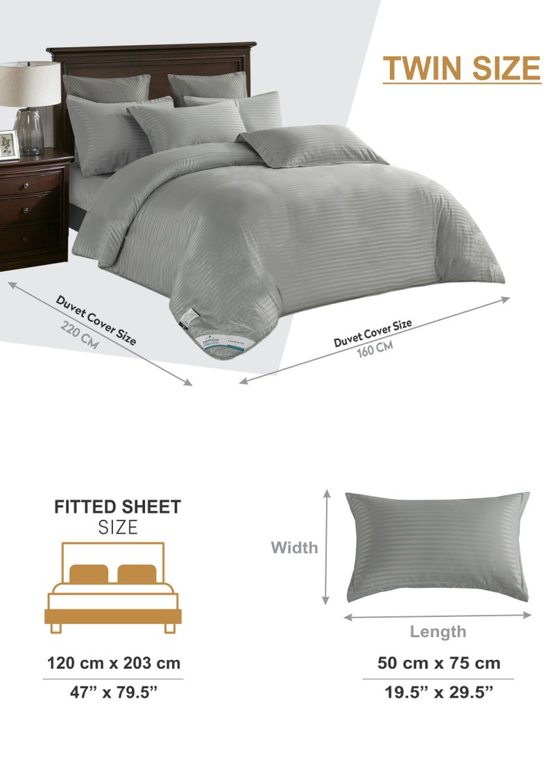 Duvet Set 4-Pcs Single Size Striped Microfiber Bed Set Fits(100x200 CM) With Duvet Cover Fitted Sheet Pillow Sham And Pillowcases(Without Filler),Silver Grey