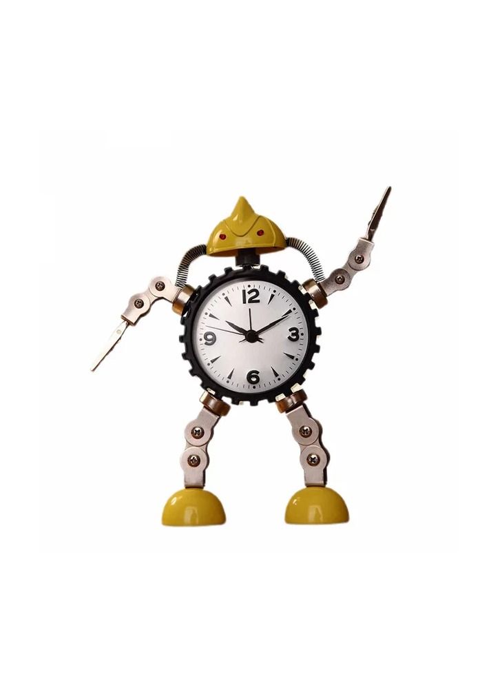 Gear Robot Alarm Clock Stainless Steel Metal, Wake-up Clock with Flashing Eye Light and Hand Clip (Yellow)