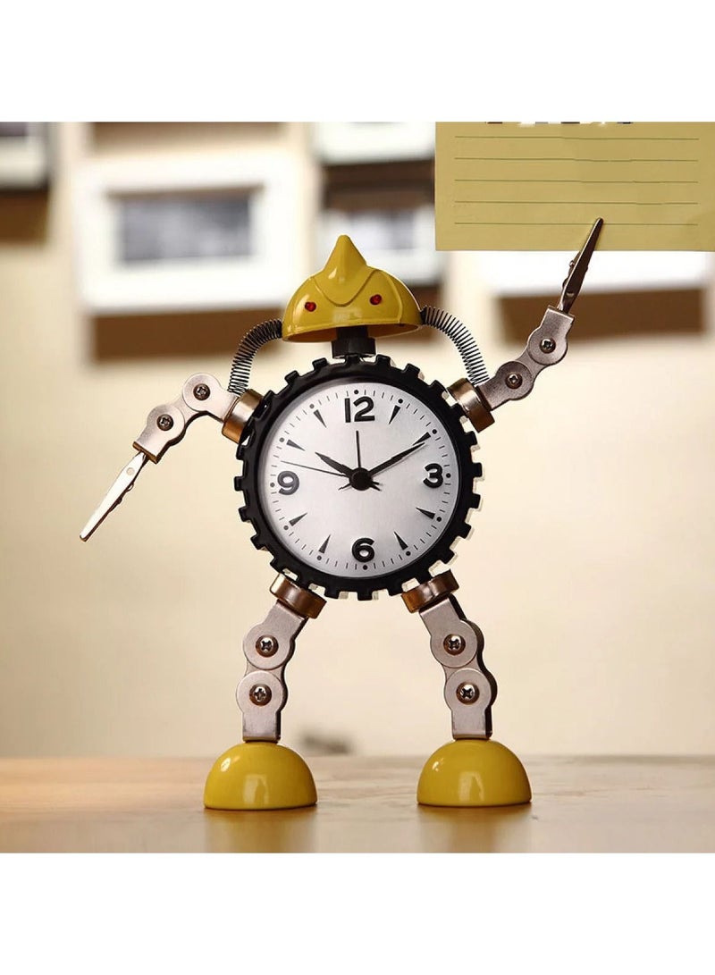 Gear Robot Alarm Clock Stainless Steel Metal, Wake-up Clock with Flashing Eye Light and Hand Clip (Yellow)