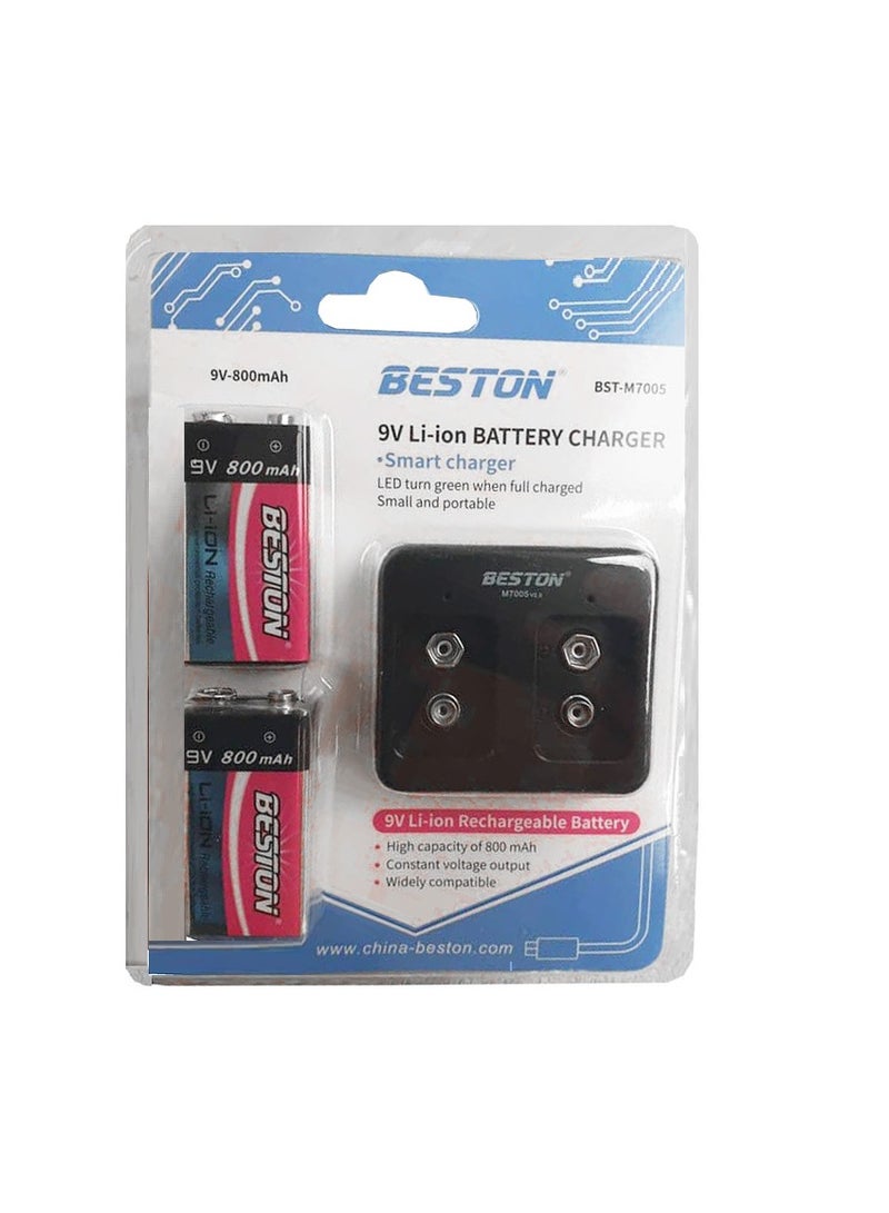 Beston 9V Li-ion Battery Smart Charger with 2pcs of 9V 800mAh Batteries