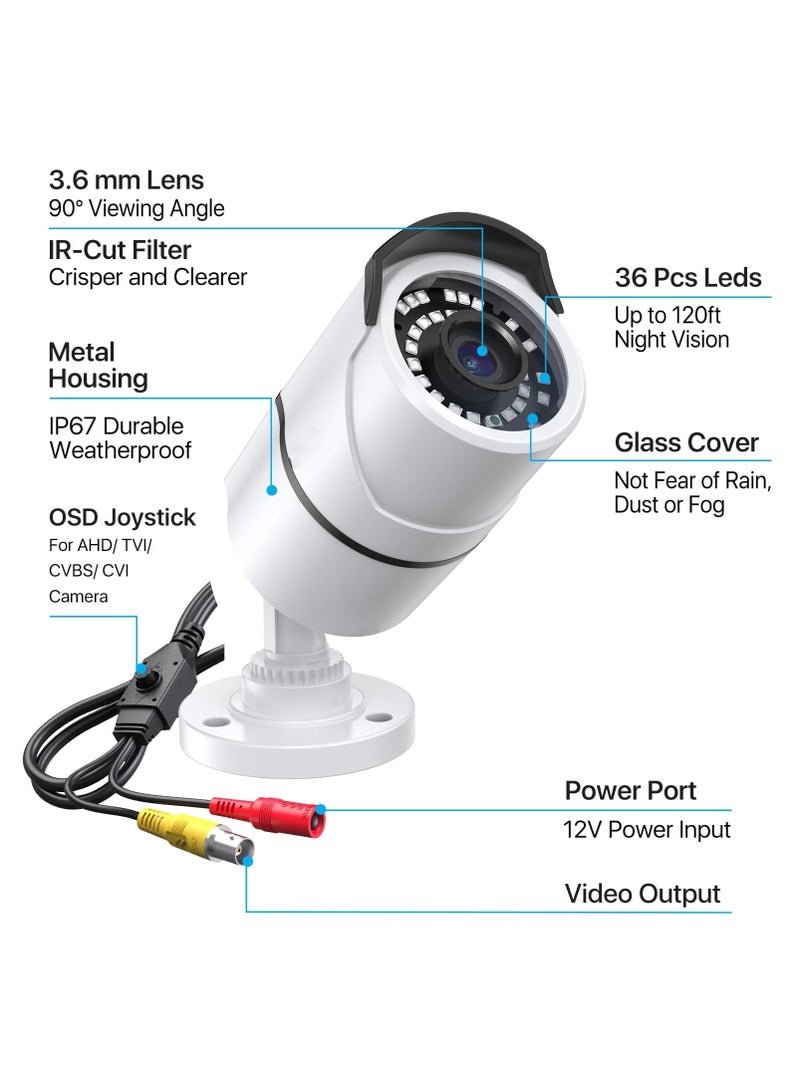 2.0MP HD 1080p 1920TVL Security Camera Outdoor Indoor, Hybrid 4-in-1 HD-CVI/TVI/AHD/960H Analog CVBS, 120ft IR Night Vision, 105° View Angle Surveillance CCTV Bullet Camera