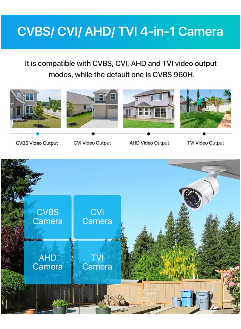 2.0MP HD 1080p 1920TVL Security Camera Outdoor Indoor, Hybrid 4-in-1 HD-CVI/TVI/AHD/960H Analog CVBS, 120ft IR Night Vision, 105° View Angle Surveillance CCTV Bullet Camera