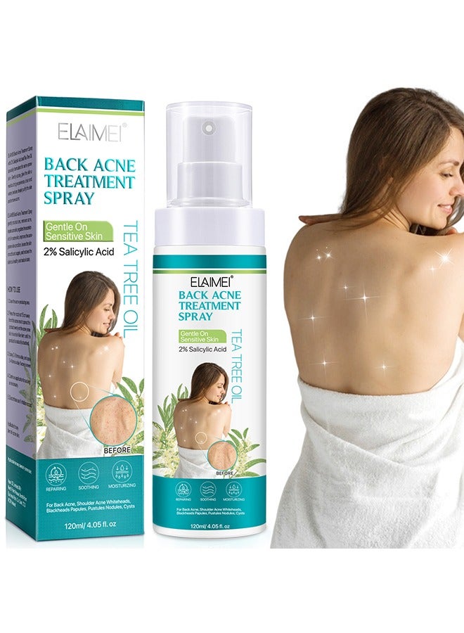 Back Acne Treatment Spray, 2% Salicylic Acid Body Acne Treatment with Herbal Formula Back Acne Solution Tea Tree Oil Spray Soothing and Moisturizing Spray for Sensitive Skin Back Acne Spray 120ml