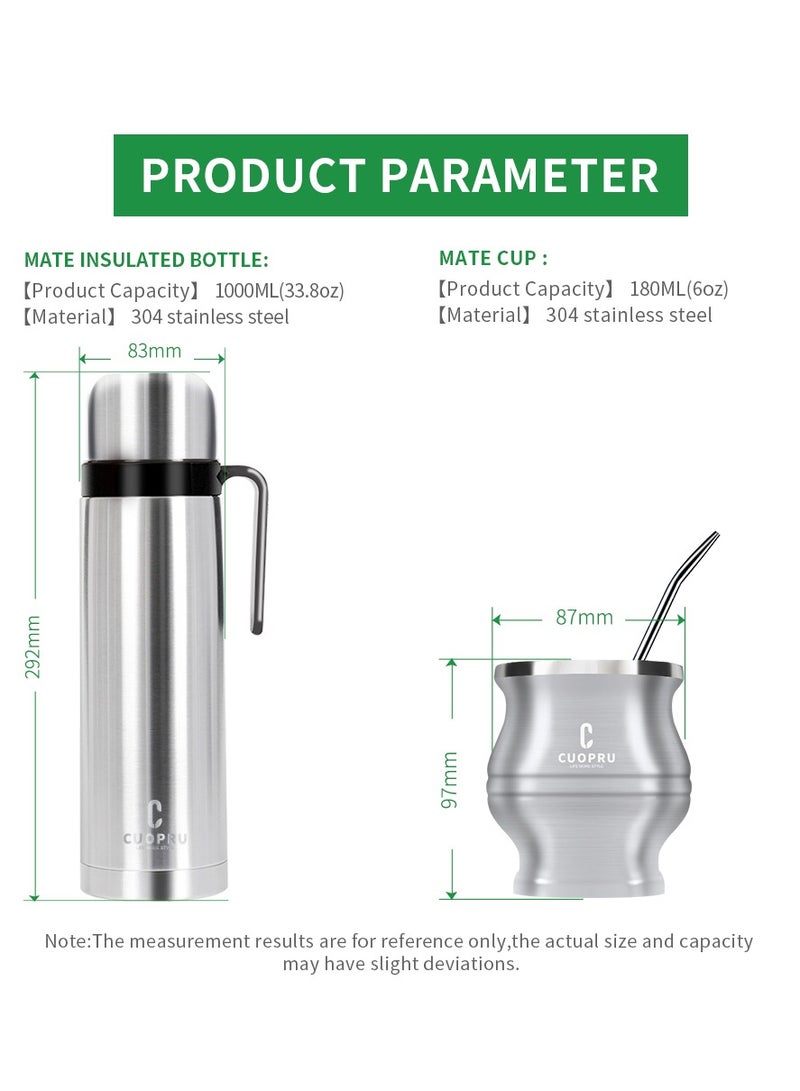 Yerba mate set including  a mate gourd, 1000ml  insulated bottle, tea filter and tea shaver, bombilla straw, and cleaning brush.