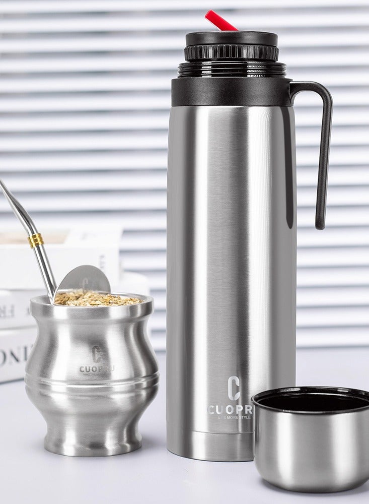 Yerba mate set including  a mate gourd, 1000ml  insulated bottle, tea filter and tea shaver, bombilla straw, and cleaning brush.