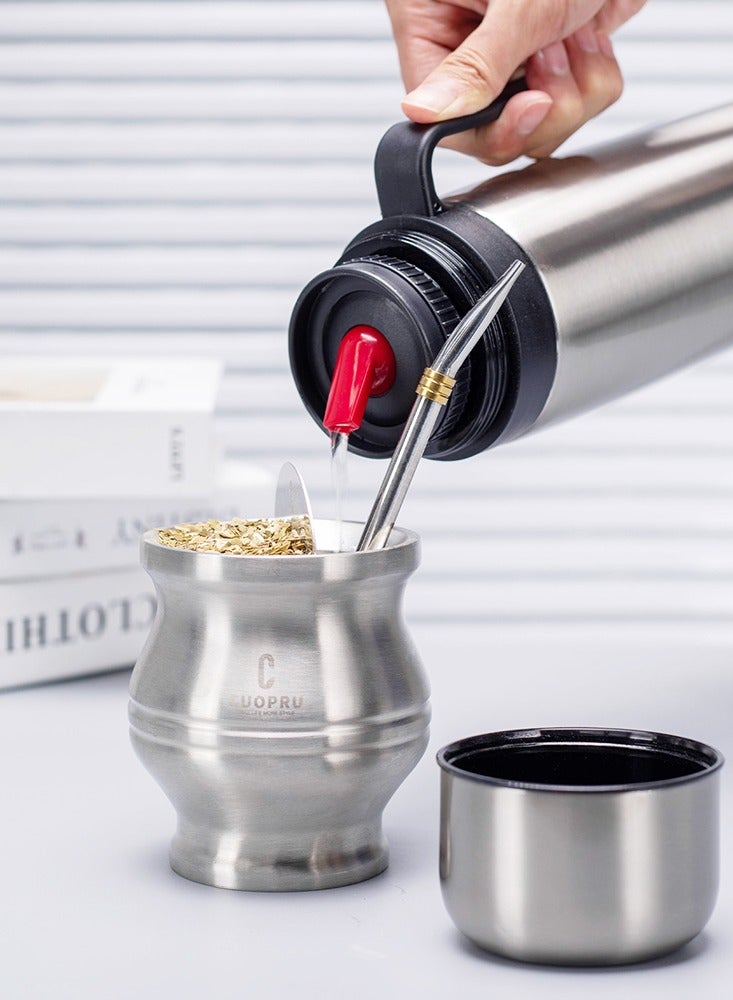 Yerba mate set including  a mate gourd, 1000ml  insulated bottle, tea filter and tea shaver, bombilla straw, and cleaning brush.