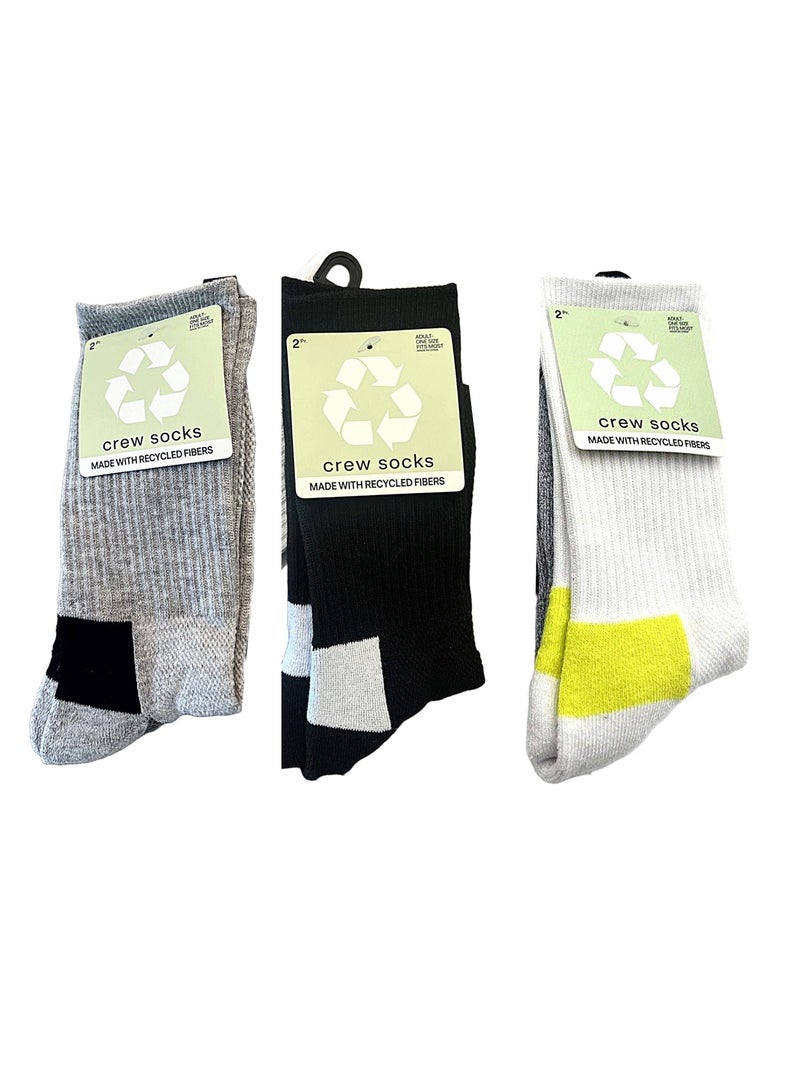 Unisex Crew Socks White Gray Black Made With Recycled Fibers One Size 6 Pairs