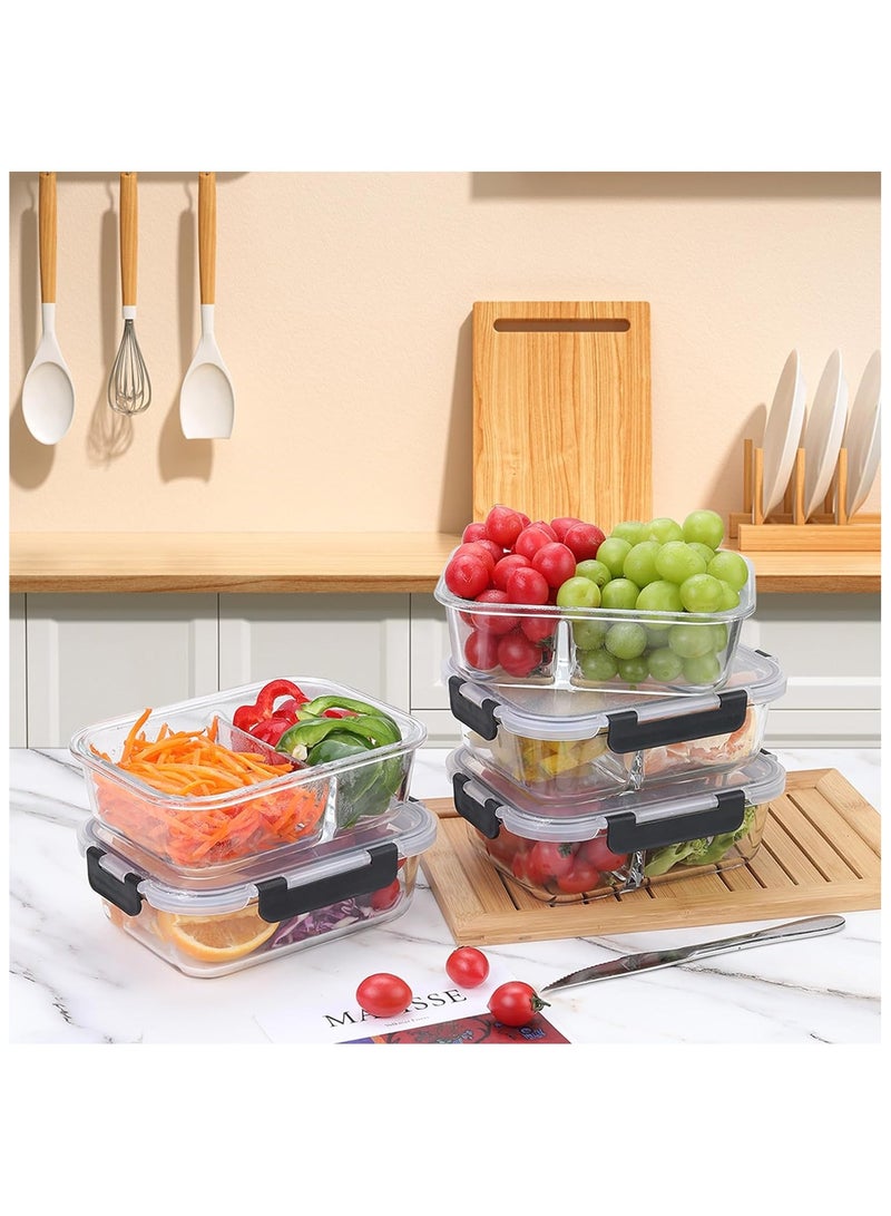 Glass Meal Prep Containers 2 Compartments, 5 Packs 35 oz, Airtight Glass Lunch Bento Box with Lids, Glass Food Storage Containers, Microwave, Freezer and Dishwasher Friendly 5-pack(2 Compartments）