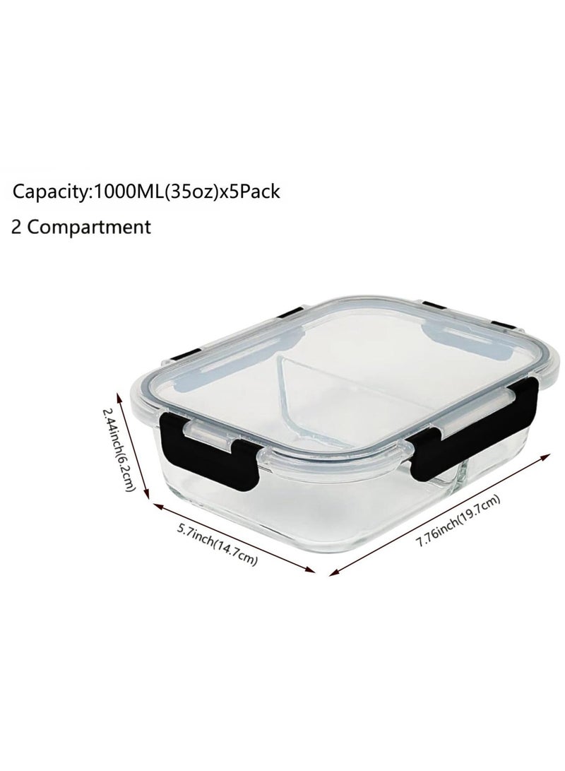 Glass Meal Prep Containers 2 Compartments, 5 Packs 35 oz, Airtight Glass Lunch Bento Box with Lids, Glass Food Storage Containers, Microwave, Freezer and Dishwasher Friendly 5-pack(2 Compartments）