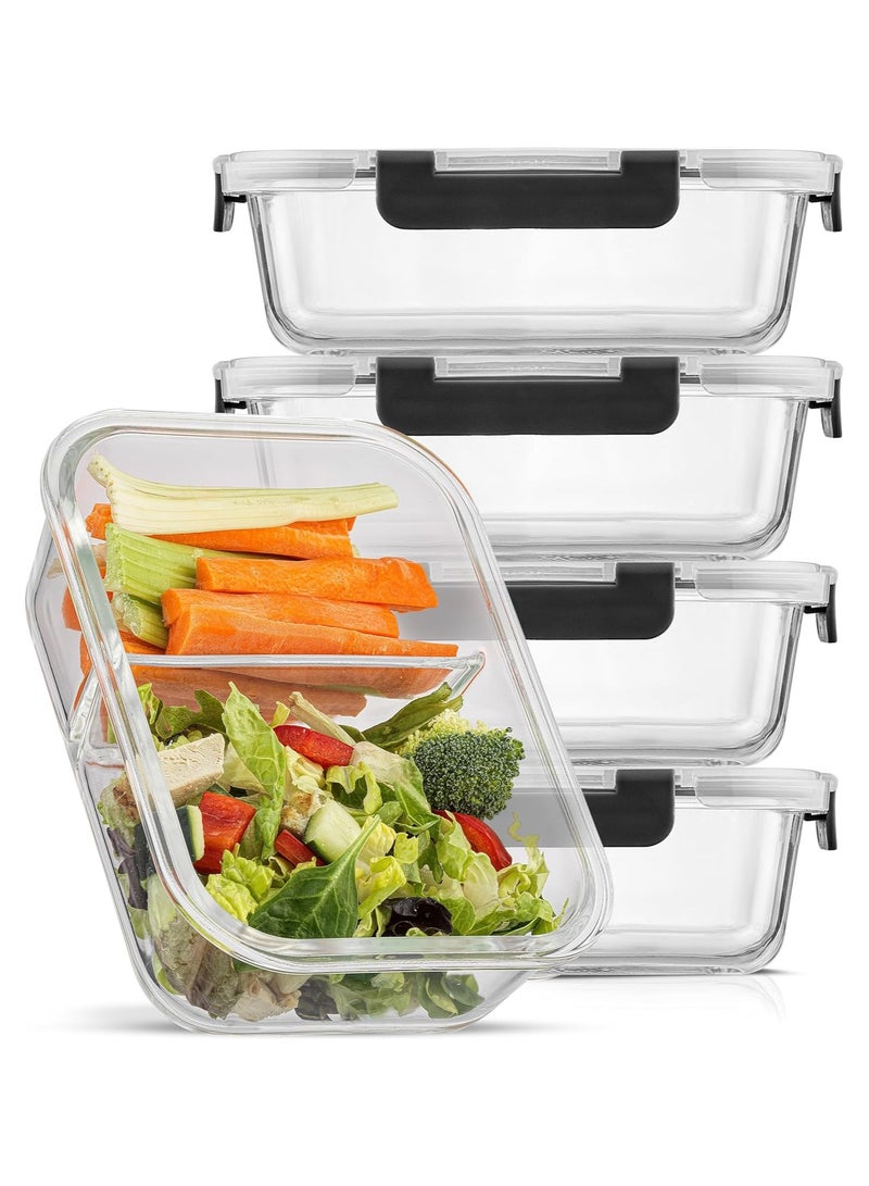 Glass Meal Prep Containers 2 Compartments, 5 Packs 35 oz, Airtight Glass Lunch Bento Box with Lids, Glass Food Storage Containers, Microwave, Freezer and Dishwasher Friendly 5-pack(2 Compartments）